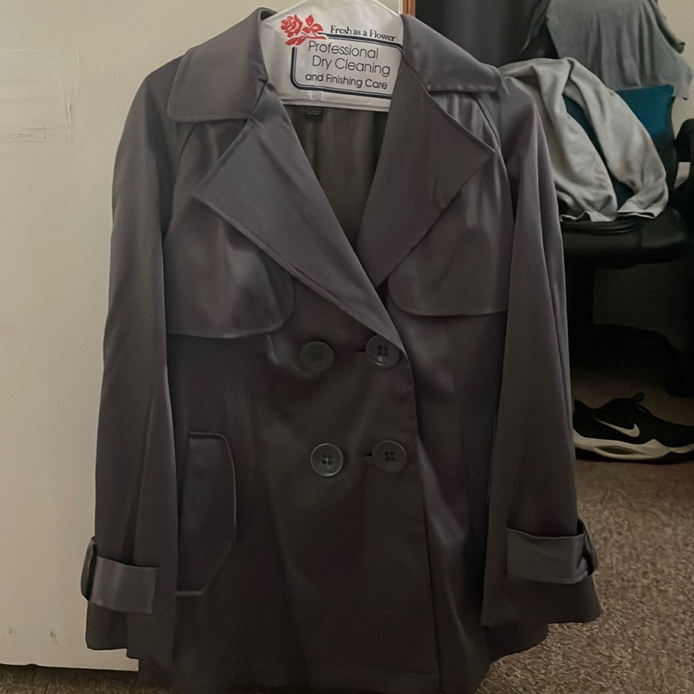 INC petite small blazer style jacket with matching gray cloth belt.